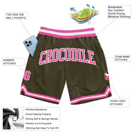 Personalized Olive Pink-White Authentic Throwback Salute To Service Basketball Shorts Team Custom Name and Number