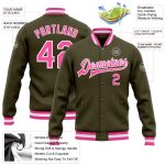 Personalized Olive Pink-White Bomber Full-Snap Varsity Letterman Salute To Service Jacket Team Custom Name and Number