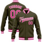 Personalized Olive Pink-White Bomber Full-Snap Varsity Letterman Salute To Service Jacket Team Custom Name and Number