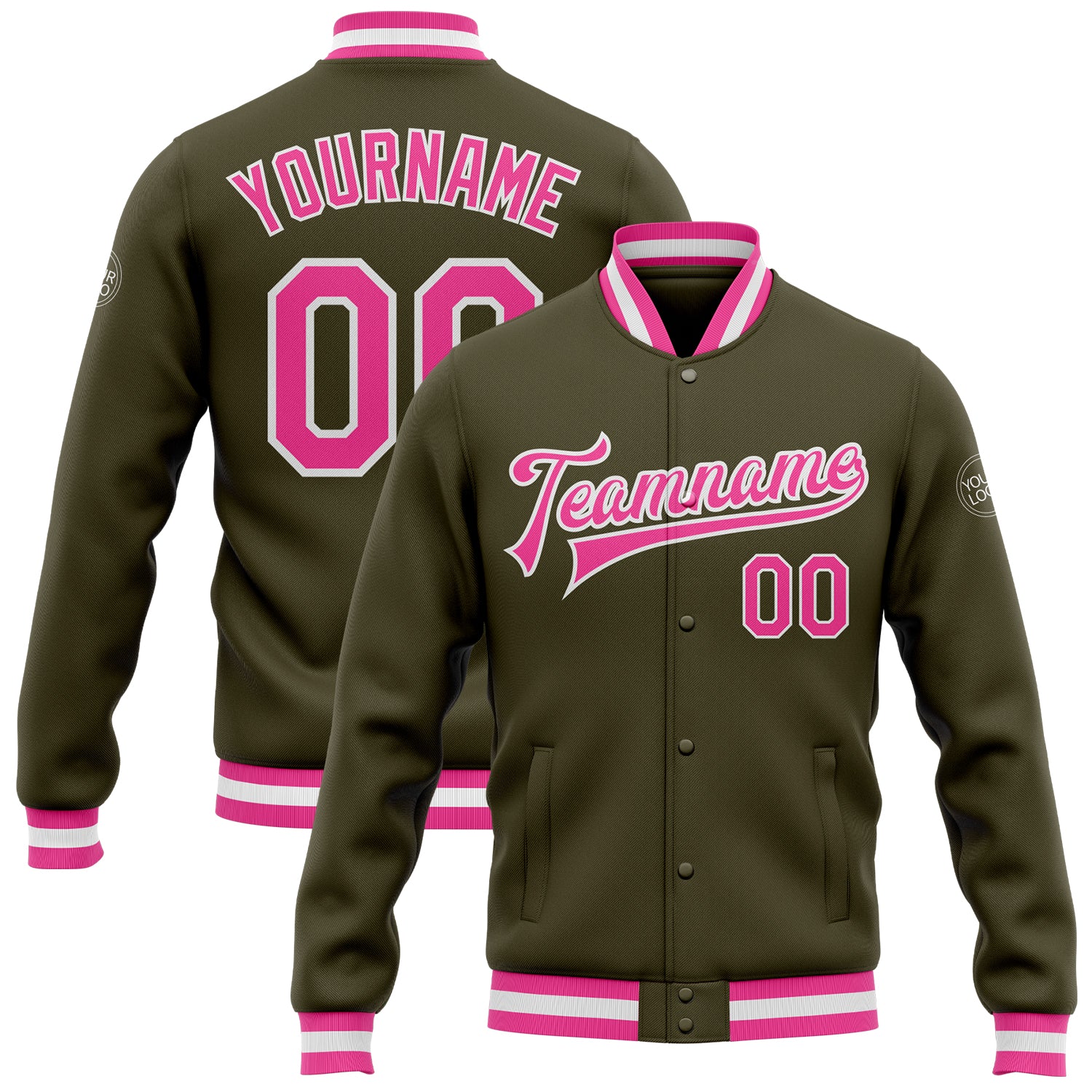 Personalized Olive Pink-White Bomber Full-Snap Varsity Letterman Salute To Service Jacket Team Custom Name and Number