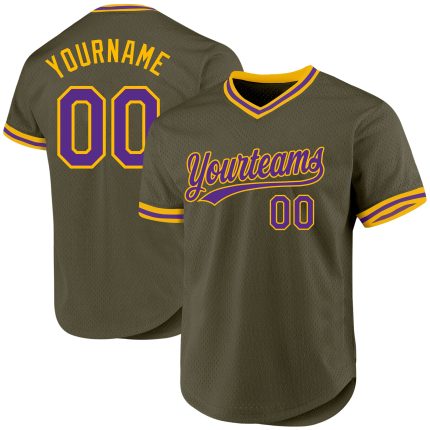 Personalized Olive Purple-Gold Authentic Throwback Salute To Service Baseball Jersey Team Custom Name and Number