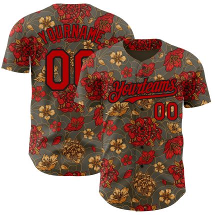 Personalized Olive Red-Black 3D Pattern Design Northeast China Big Flower Authentic Baseball Jersey Team Custom Name and Number