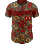 Personalized Olive Red-Black 3D Pattern Design Northeast China Big Flower Authentic Baseball Jersey Team Custom Name and Number