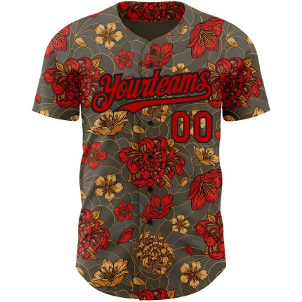 Personalized Olive Red-Black 3D Pattern Design Northeast China Big Flower Authentic Baseball Jersey Team Custom Name and Number