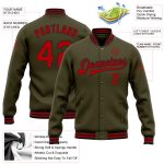 Personalized Olive Red-Black Bomber Full-Snap Varsity Letterman Salute To Service Jacket Team Custom Name and Number