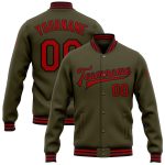 Personalized Olive Red-Black Bomber Full-Snap Varsity Letterman Salute To Service Jacket Team Custom Name and Number