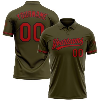 Personalized Olive Red-Black Performance Vapor Salute To Service Golf Polo Shirt Team Custom Name and Number