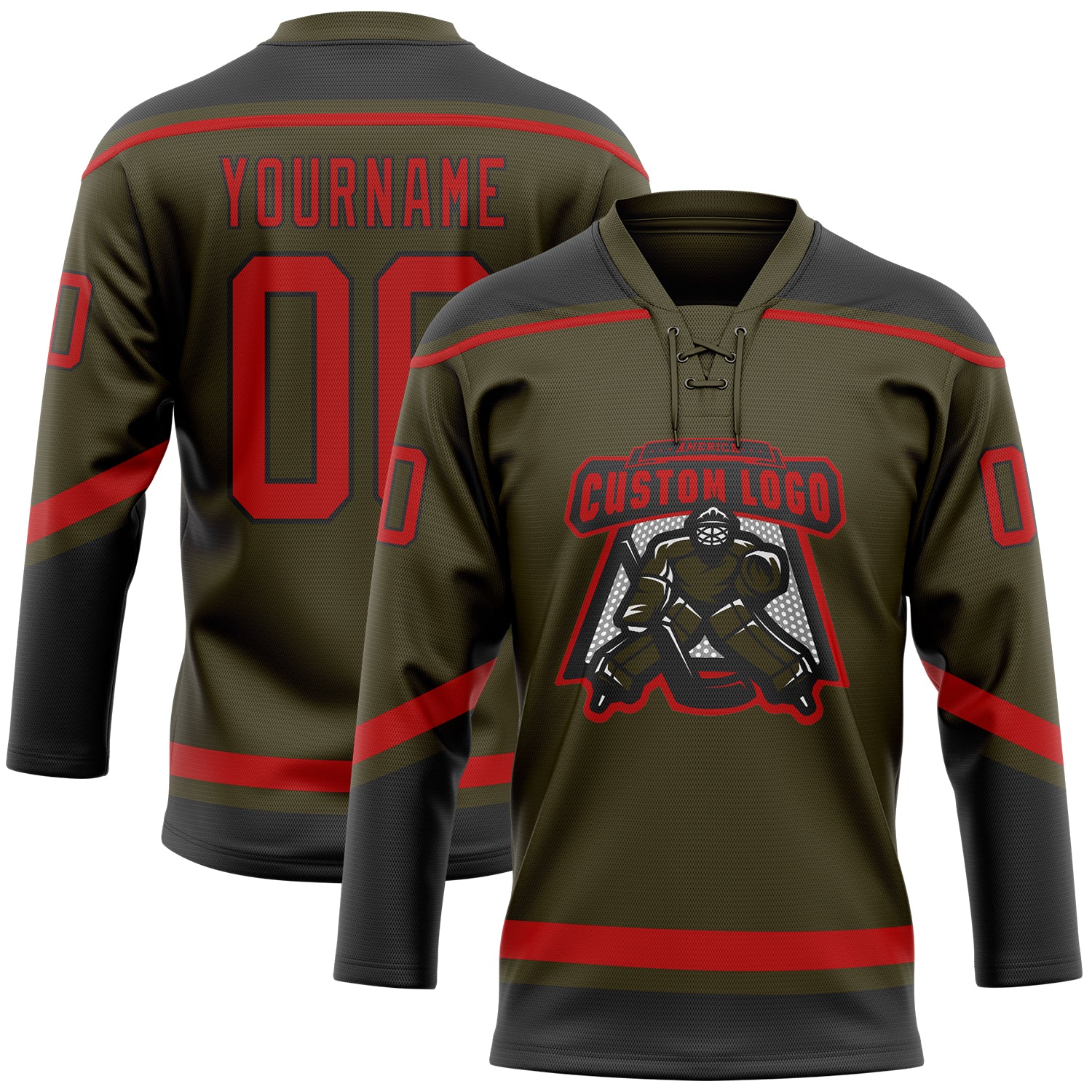 Personalized Olive Red-Black Salute To Service Hockey Lace Neck Jersey Team Custom Name and Number Personalized Olive Red-Black Salute To Service Hockey Lace Neck Jersey Team Custom Name and Number - Image 2