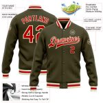 Personalized Olive Red-Cream Bomber Full-Snap Varsity Letterman Salute To Service Jacket Team Custom Name and Number