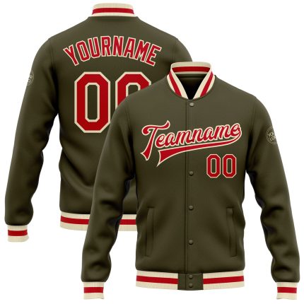 Personalized Olive Red-Cream Bomber Full-Snap Varsity Letterman Salute To Service Jacket Team Custom Name and Number