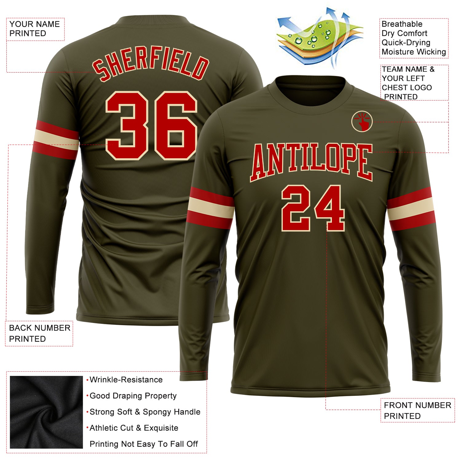 Personalized Olive Red-Cream Long Sleeve Performance Salute To Service T-Shirt Team Custom Name and Number Personalized Olive Red-Cream Long Sleeve Performance Salute To Service T-Shirt Team Custom Name and Number - Image 3
