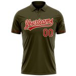 Personalized Olive Red-Cream Performance Vapor Salute To Service Golf Polo Shirt Team Custom Name and Number