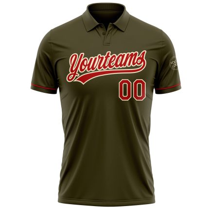 Personalized Olive Red-Cream Performance Vapor Salute To Service Golf Polo Shirt Team Custom Name and Number