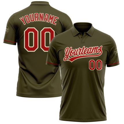 Personalized Olive Red-Cream Performance Vapor Salute To Service Golf Polo Shirt Team Custom Name and Number
