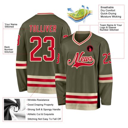 Personalized Olive Red-Cream Salute To Service Hockey Jersey Team Custom Name and Number