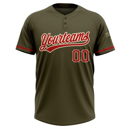 Personalized Olive Red-Cream Salute To Service Two-Button Unisex Softball Jersey Team Custom Name and Number