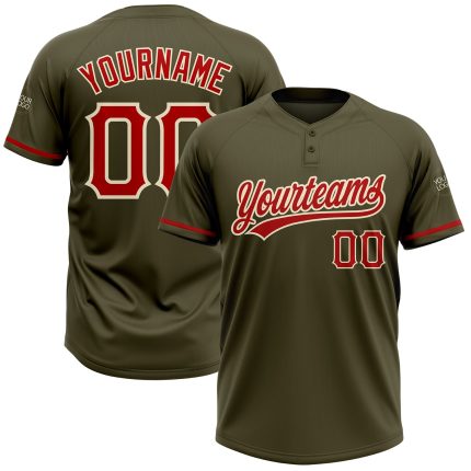Personalized Olive Red-Cream Salute To Service Two-Button Unisex Softball Jersey Team Custom Name and Number