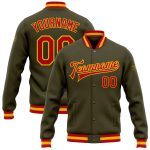 Personalized Olive Red-Gold Bomber Full-Snap Varsity Letterman Salute To Service Jacket Team Custom Name and Number