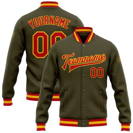 Personalized Olive Red-Gold Bomber Full-Snap Varsity Letterman Salute To Service Jacket Team Custom Name and Number