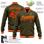 Personalized Olive Red-Gold Bomber Full-Snap Varsity Letterman Salute To Service Jacket Team Custom Name and Number