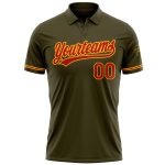 Personalized Olive Red-Gold Performance Vapor Salute To Service Golf Polo Shirt Team Custom Name and Number