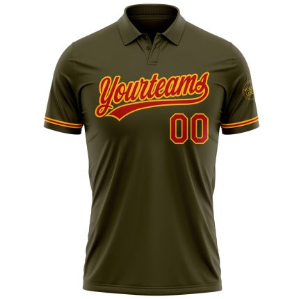 Personalized Olive Red-Gold Performance Vapor Salute To Service Golf Polo Shirt Team Custom Name and Number