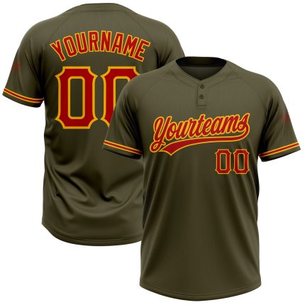 Personalized Olive Red-Gold Salute To Service Two-Button Unisex Softball Jersey Team Custom Name and Number