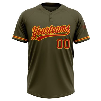 Personalized Olive Red-Gold Salute To Service Two-Button Unisex Softball Jersey Team Custom Name and Number