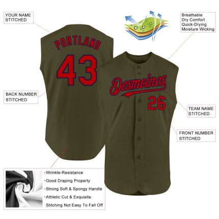 Personalized Olive Red-Navy Authentic Sleeveless Salute To Service Baseball Jersey Team Custom Name and Number