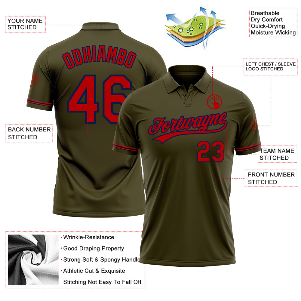 Personalized Olive Red-Navy Performance Vapor Salute To Service Golf Polo Shirt Team Custom Name and Number Personalized Olive Red-Navy Performance Vapor Salute To Service Golf Polo Shirt Team Custom Name and Number - Image 3