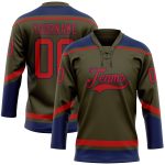 Personalized Olive Red-Navy Salute To Service Hockey Lace Neck Jersey Team Custom Name and Number