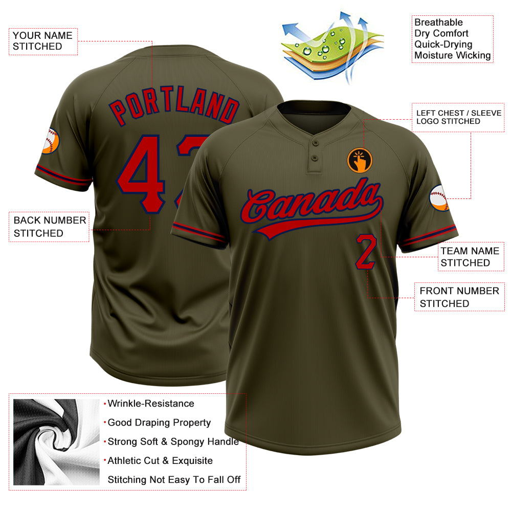 Personalized Olive Red-Navy Salute To Service Two-Button Unisex Softball Jersey Team Custom Name and Number Personalized Olive Red-Navy Salute To Service Two-Button Unisex Softball Jersey Team Custom Name and Number - Image 3