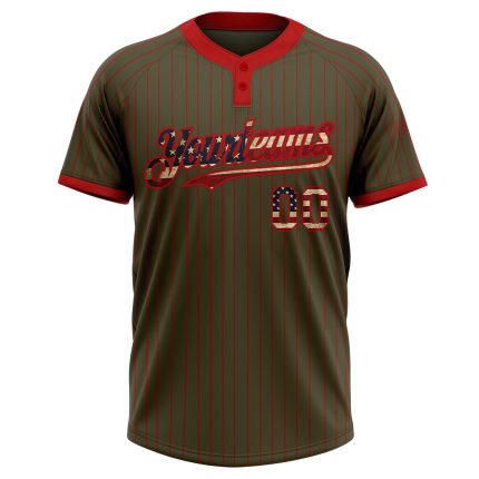 Personalized Olive Red Pinstripe Vintage USA Flag Salute To Service Two-Button Unisex Softball Jersey Team Custom Name and Number