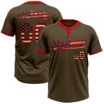 Personalized Olive Red Pinstripe Vintage USA Flag Salute To Service Two-Button Unisex Softball Jersey Team Custom Name and Number