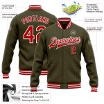Personalized Olive Red-White Bomber Full-Snap Varsity Letterman Salute To Service Jacket Team Custom Name and Number