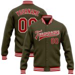 Personalized Olive Red-White Bomber Full-Snap Varsity Letterman Salute To Service Jacket Team Custom Name and Number