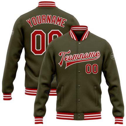 Personalized Olive Red-White Bomber Full-Snap Varsity Letterman Salute To Service Jacket Team Custom Name and Number