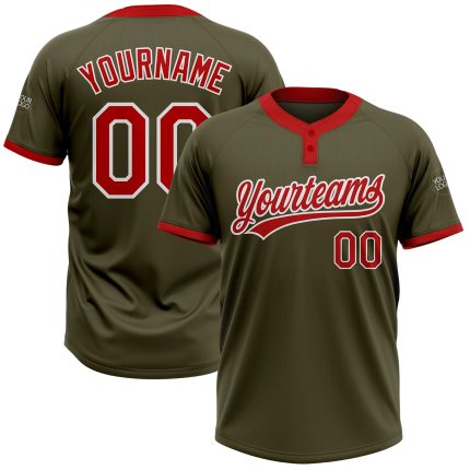 Personalized Olive Red-White Salute To Service Two-Button Unisex Softball Jersey Team Custom Name and Number