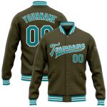Personalized Olive Teal-White Bomber Full-Snap Varsity Letterman Salute To Service Jacket Team Custom Name and Number