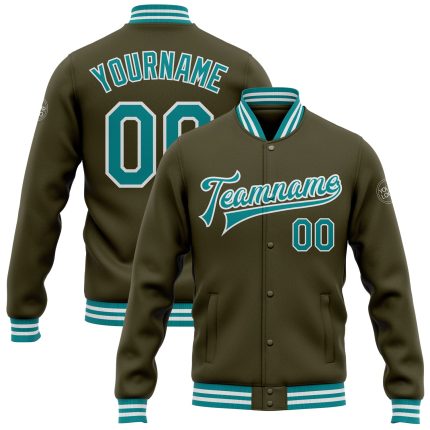 Personalized Olive Teal-White Bomber Full-Snap Varsity Letterman Salute To Service Jacket Team Custom Name and Number