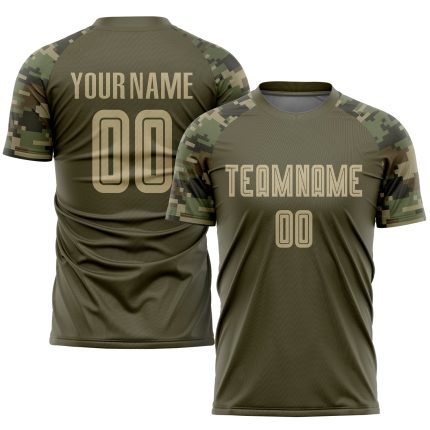 Personalized Olive Vegas Gold-Camo Sublimation Salute To Service Soccer Uniform Jersey