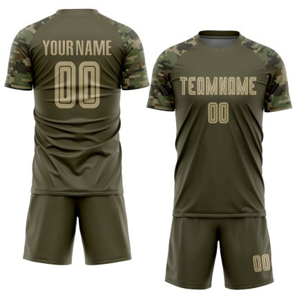 Personalized Olive Vegas Gold-Camo Sublimation Salute To Service Soccer Uniform Jersey Team Custom Name and Number 7386