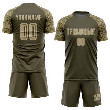Personalized Olive Vegas Gold-Camo Sublimation Salute To Service Soccer Uniform Jersey Team Custom Name and Number