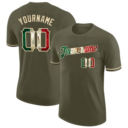 Personalized Olive Vintage Mexican Flag-City Cream Performance Salute To Service T-Shirt Team Custom Name and Number