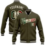 Personalized Olive Vintage Mexican Flag Cream-Black Bomber Full-Snap Varsity Letterman Salute To Service Jacket Team Custom Name and Number