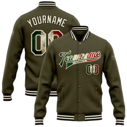 Personalized Olive Vintage Mexican Flag Cream-Black Bomber Full-Snap Varsity Letterman Salute To Service Jacket Team Custom Name and Number
