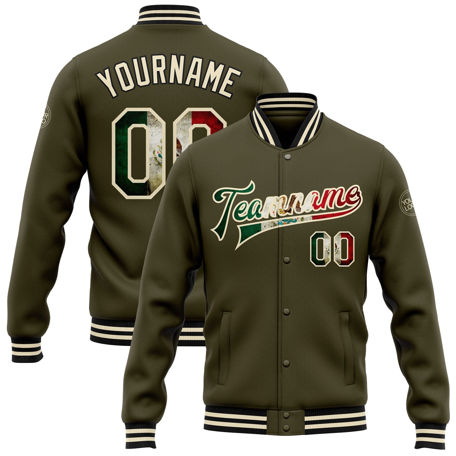 Personalized Olive Vintage Mexican Flag Cream-Black Bomber Full-Snap Varsity Letterman Salute To Service Jacket Team Custom Name and Number