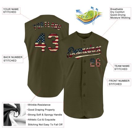 Personalized Olive Vintage USA Flag-Black Authentic Sleeveless Salute To Service Baseball Jersey Team Custom Name and Number