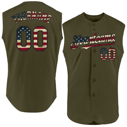 Personalized Olive Vintage USA Flag-Black Authentic Sleeveless Salute To Service Baseball Jersey Team Custom Name and Number