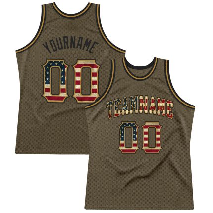 Personalized Olive Vintage USA Flag-Black Authentic Throwback Salute To Service Basketball Jersey Team Custom Name and Number